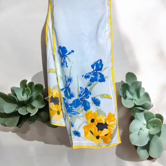 Vera Veresa Vintage Blue Yellow Floral Polyester Scarf - Picture 1 of 7